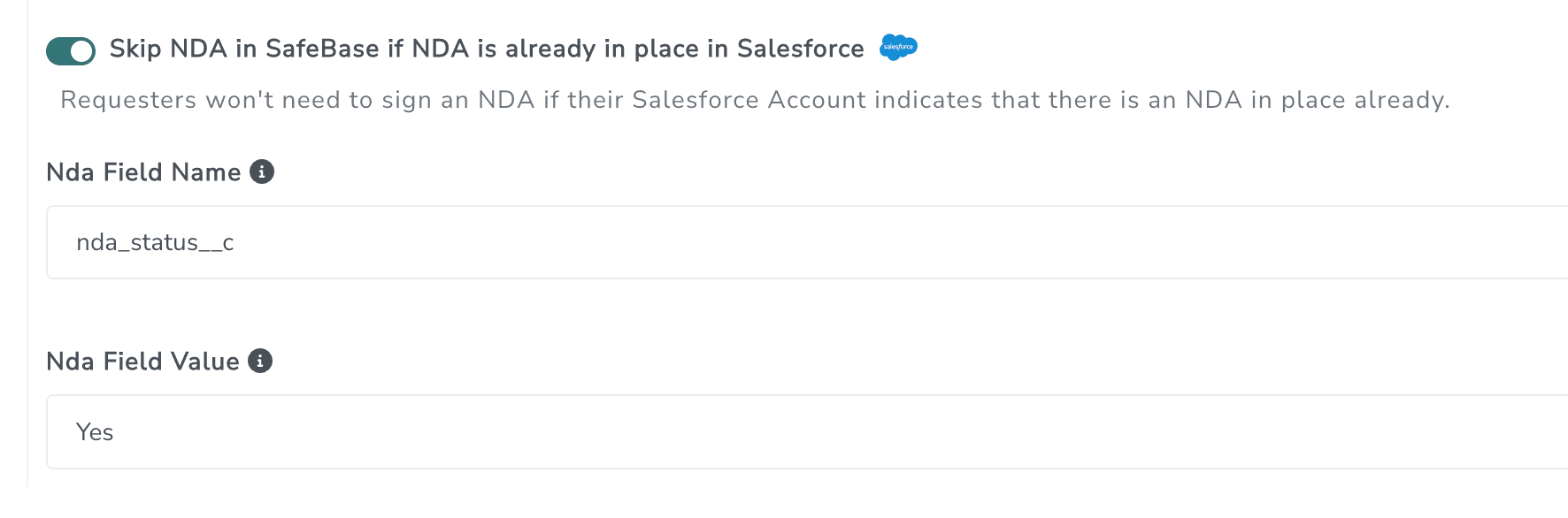 This integration allows NDA bypass when Salesforce already shows a signed NDA.